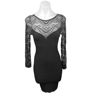 Bebe Women's Black Lace Round Neck Long Sleeve Stretch Bodycon Midi Dress Size S